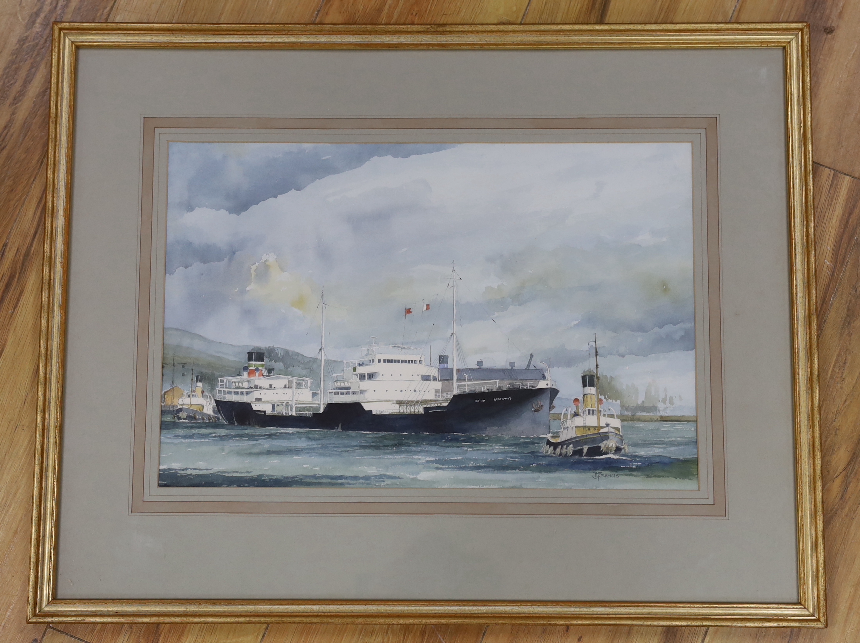 J D Francis, watercolour, 'The BP tanker British Restraint clearing King's Dock, Swansea', signed and inscribed verso, 42 x 28cm